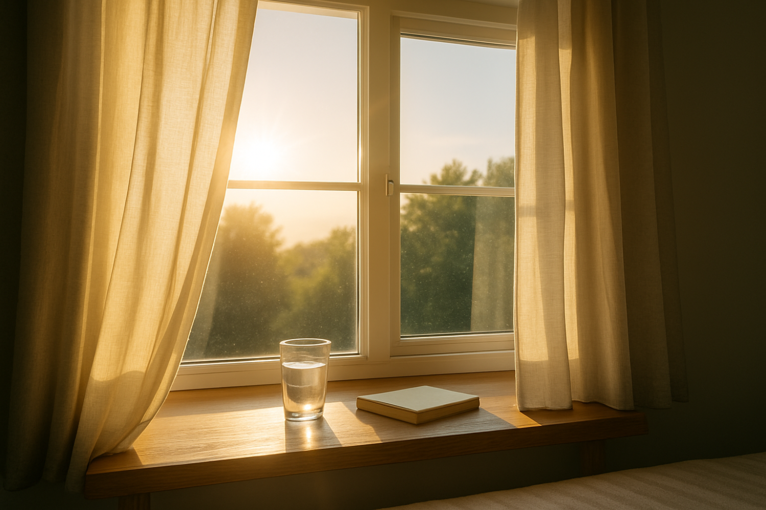 朝日とカーテンとコップいっぱいの水が置いてある