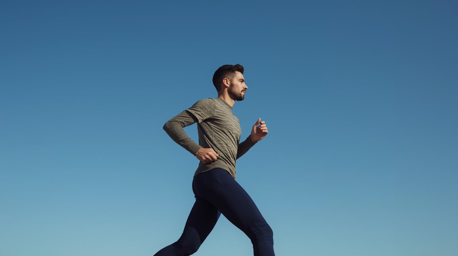 青空の下、男性がジョギングしている