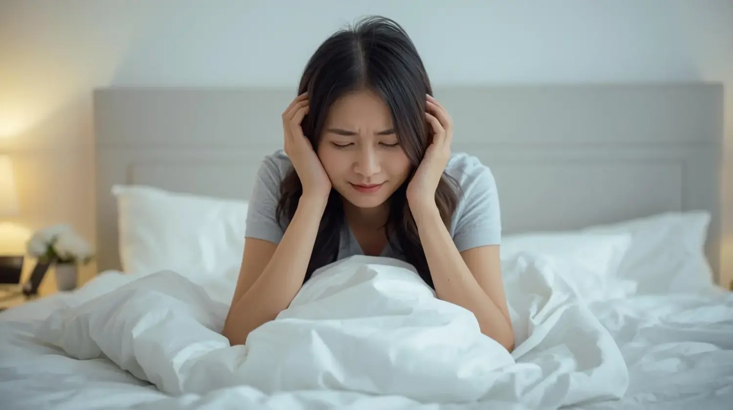 ベッドの上で頭を抱えている女性