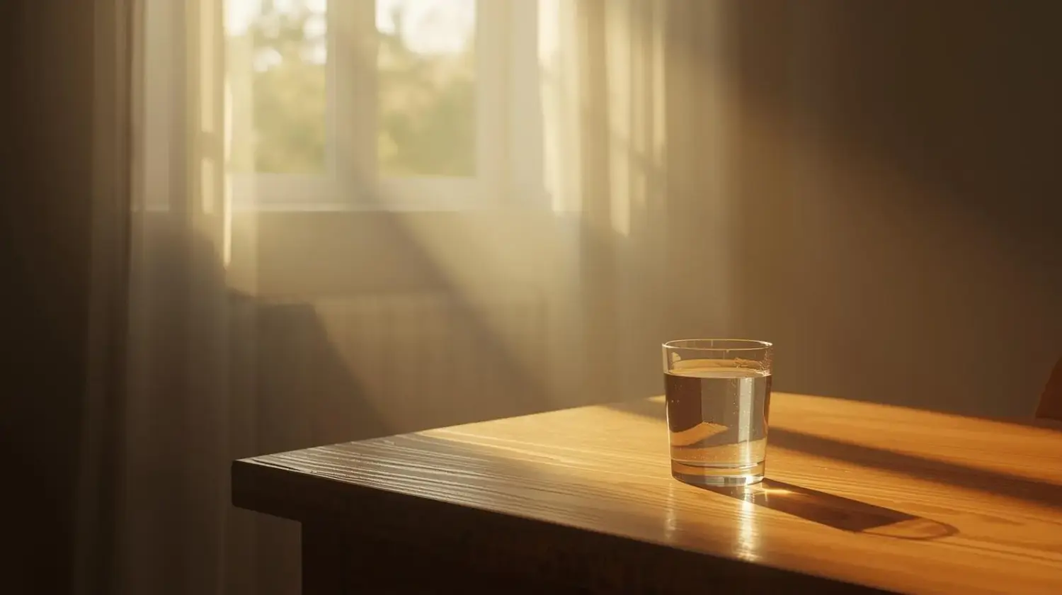 朝日が差し込む部屋のテーブルに水の入ったコップが置いてある。