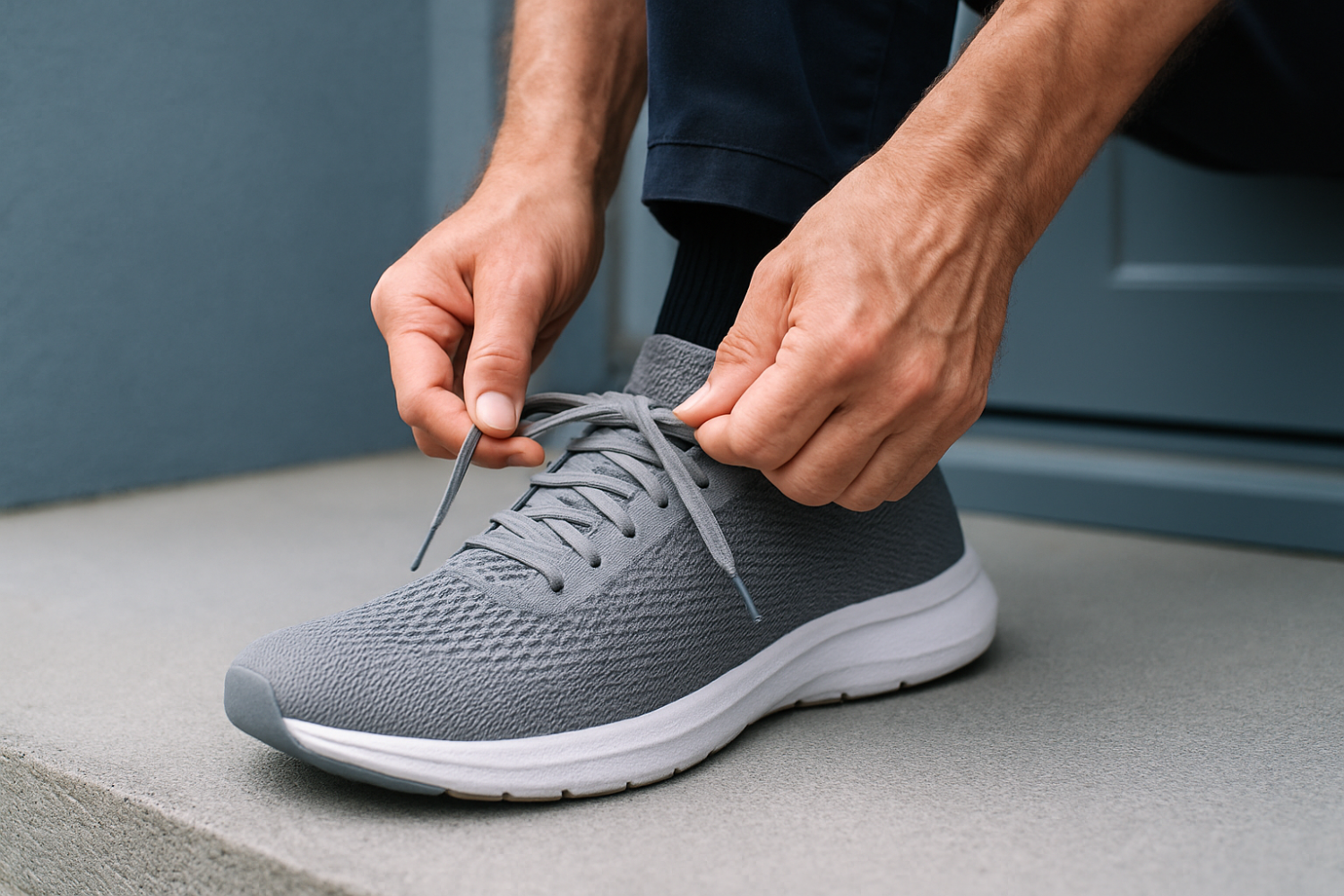ジョギングシューズを履いて紐を締めている手