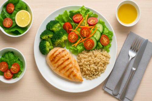 カロリー制限ダイエットのためのメニューの一つ。サラダに鶏の胸肉とスープ