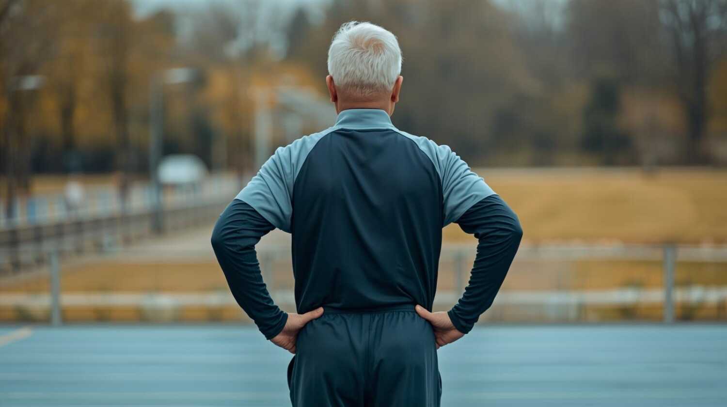 腰に手を当てて軽く運動をしている中高年男性