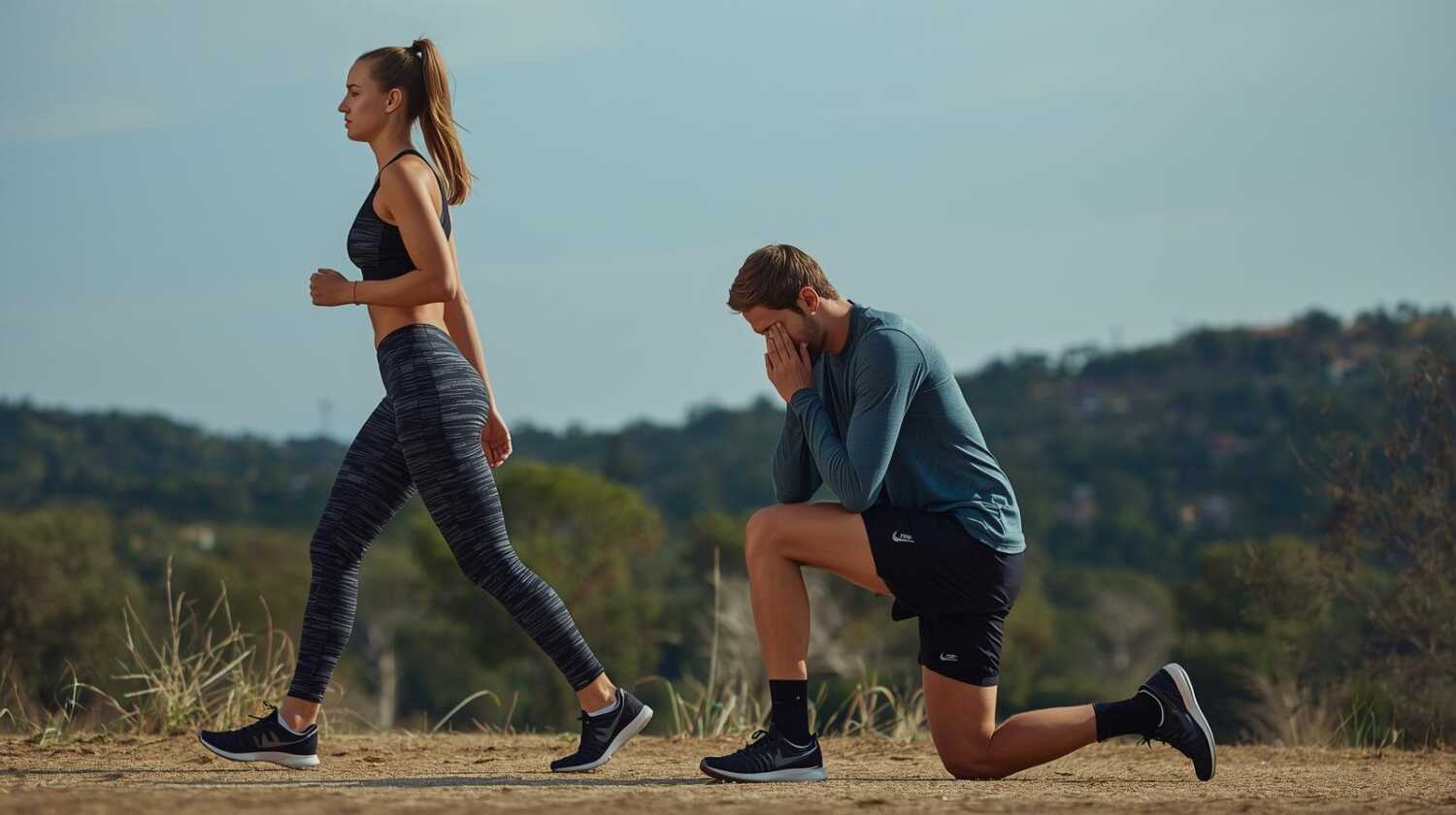 疲れてしゃがみ込んでいる男性の横をウォーキングして通り過ぎる女性
