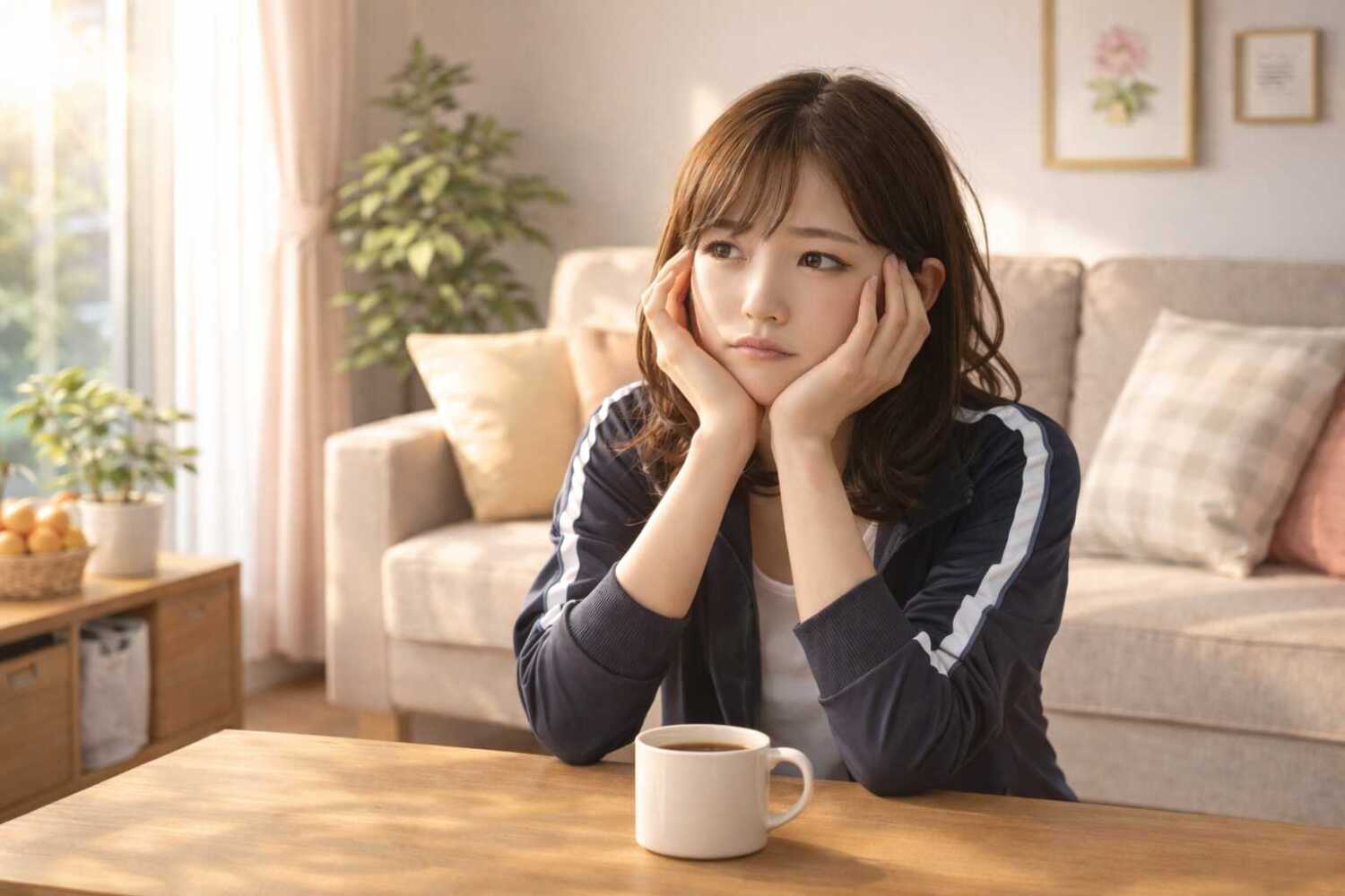 リビング、朝日がさしているジャージに着替えているが、眼の前にはコーヒーカップが置いてある。悩む女性