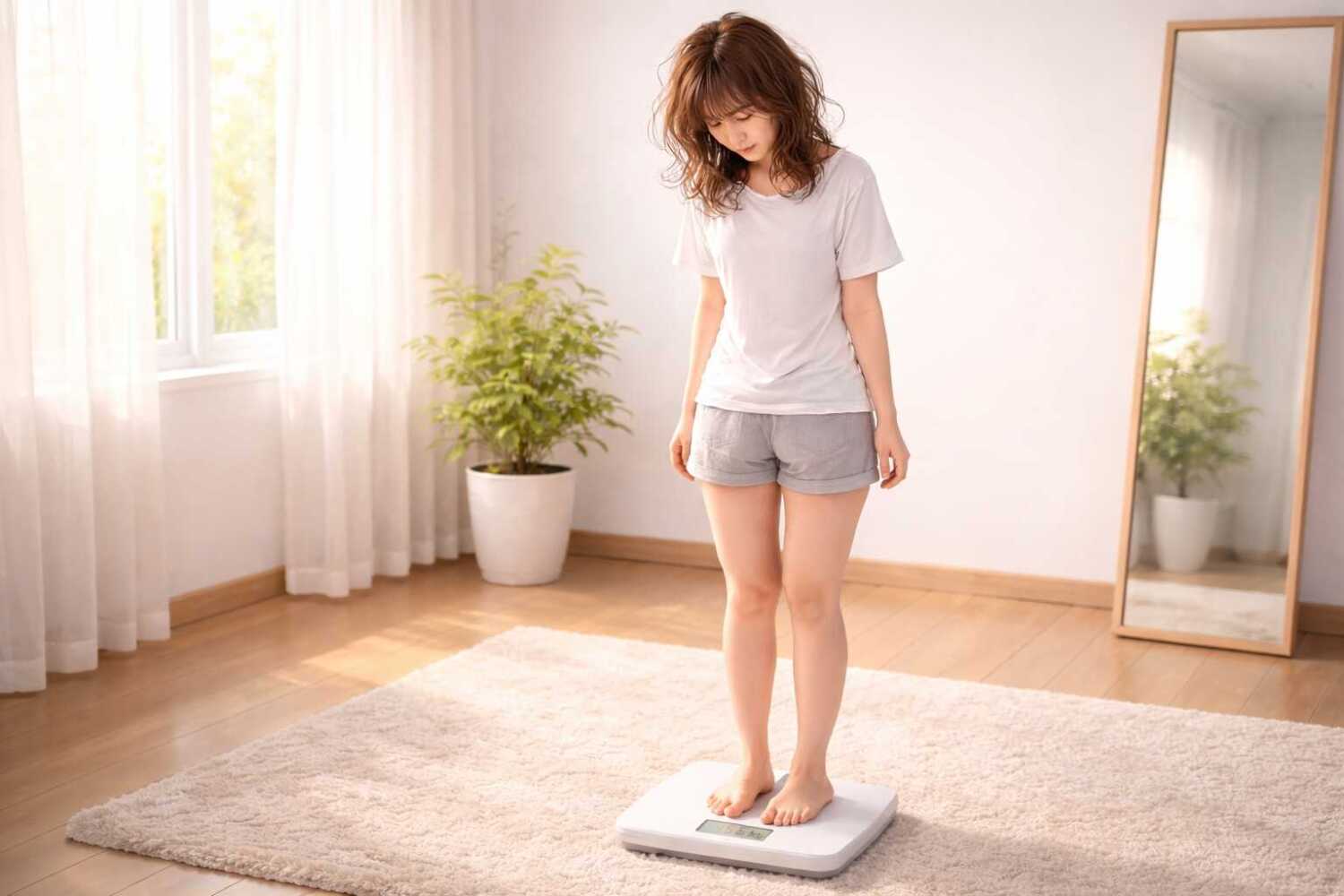 朝、体重計に乗る女性