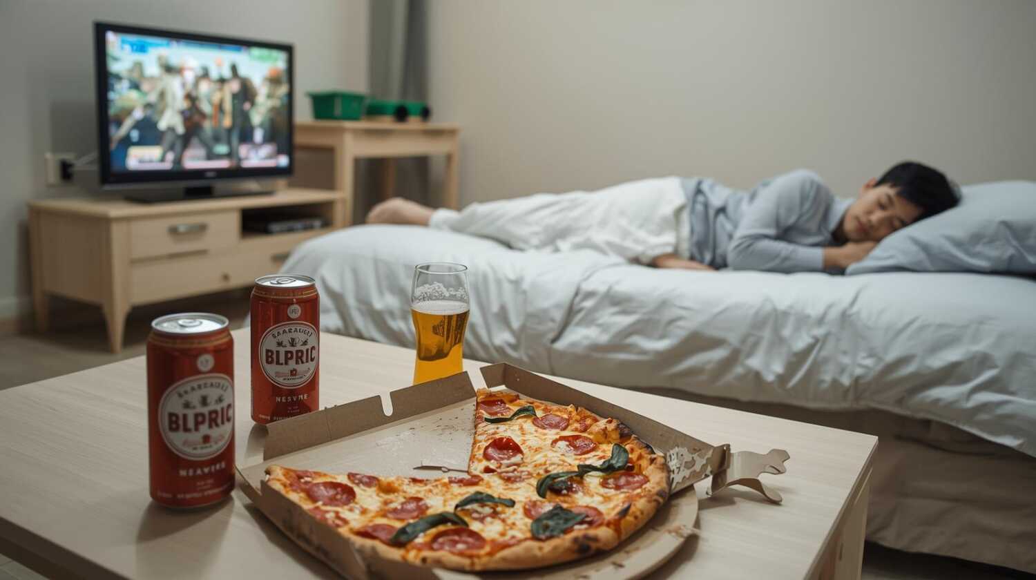 テーブルの上には食べかけのピザとビール。TV画面にはゲーム。ベッドに跳ねている男性