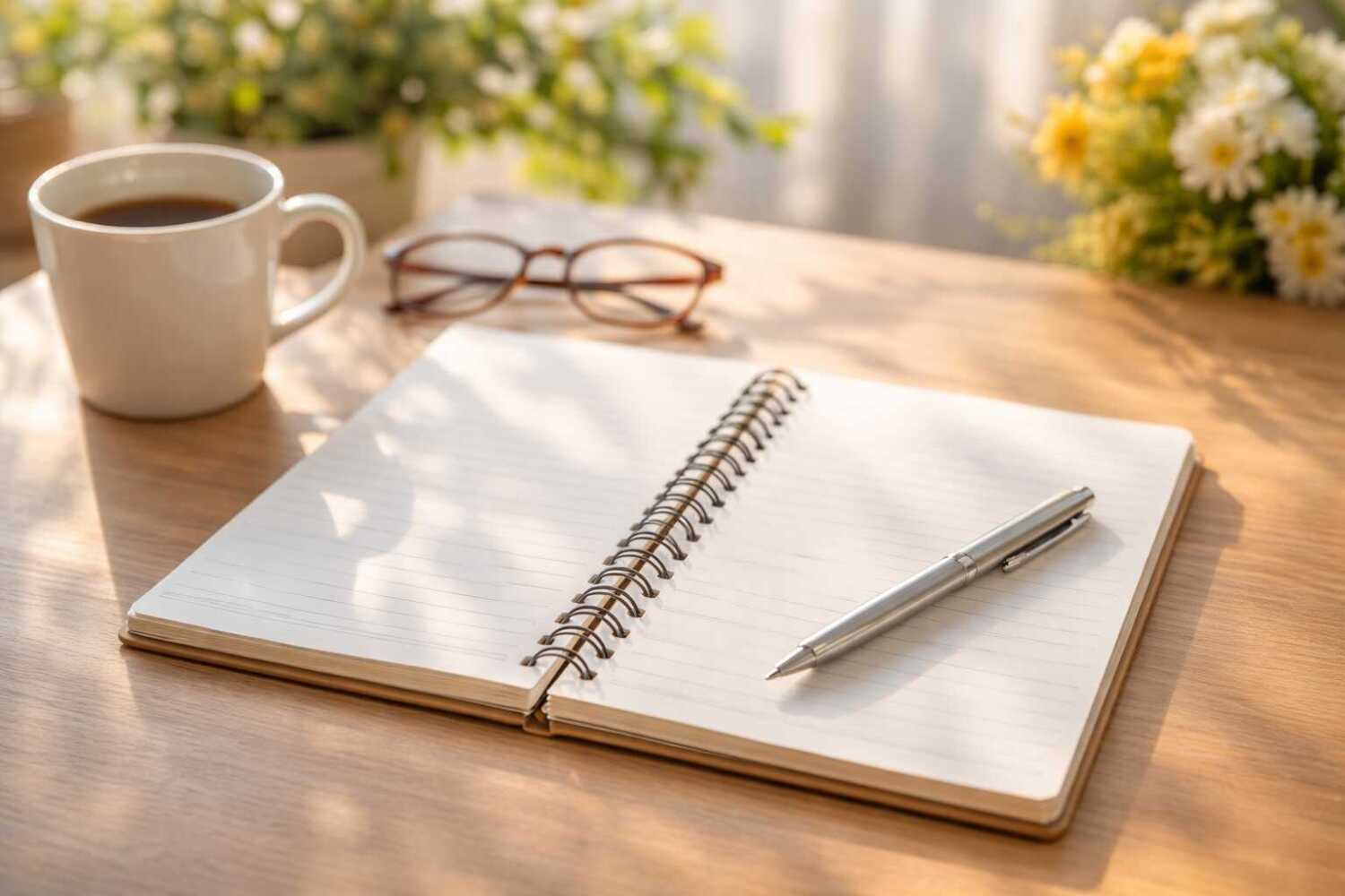 ノートに筆記用具、コーヒーカップに眼鏡が置いてある