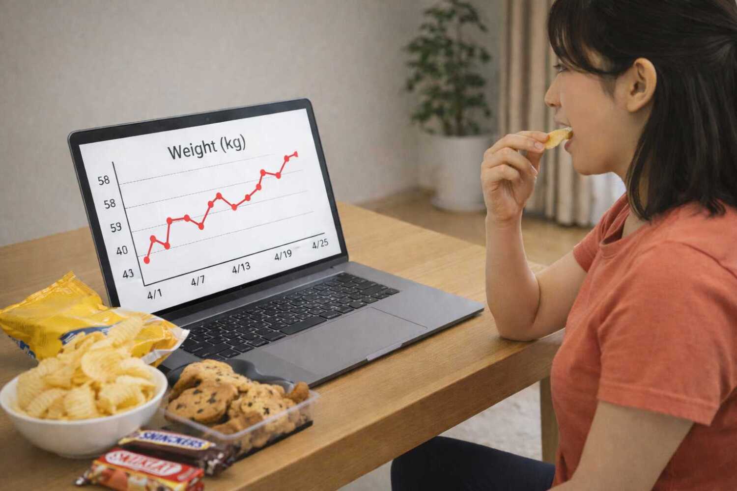 お菓子を食べながら体重が増えていくグラフを見ている女性