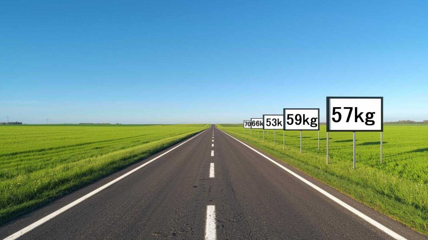 野原の一本道。右側には体重の数字が書いてある看板