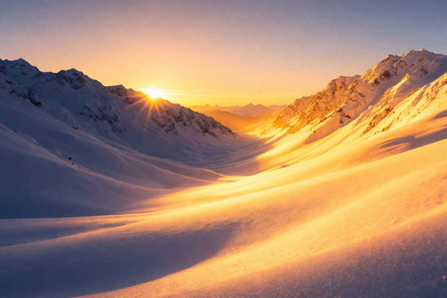 朝日に照らされる雪山