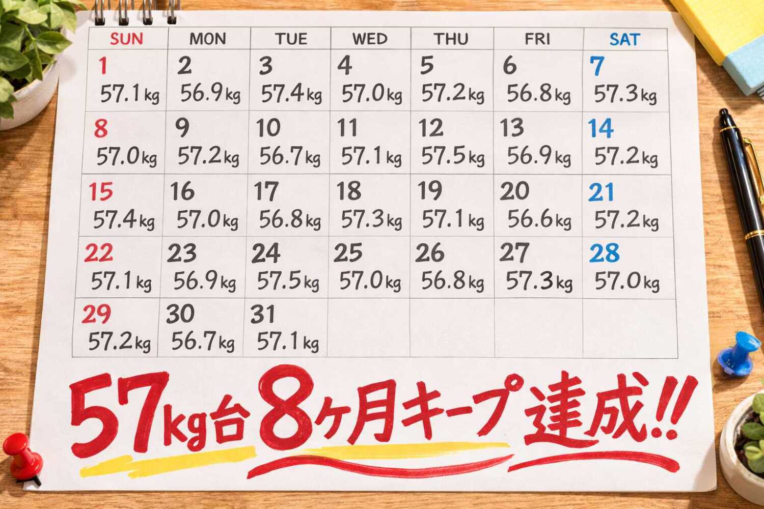 体重が記入してあるカレンダー
