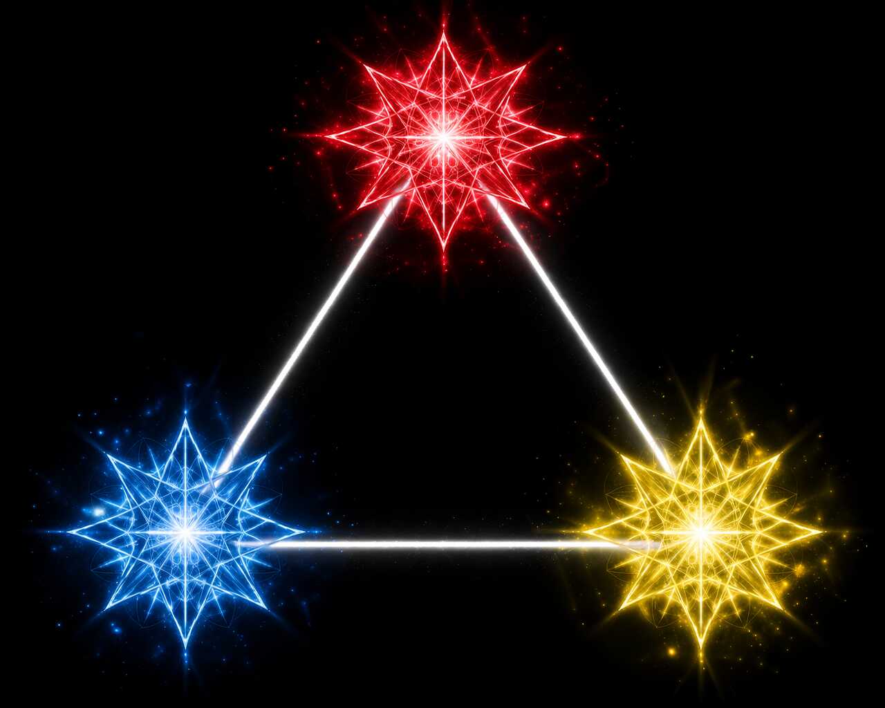 赤・青・黃に光る3つの星が白い線で結ばれている