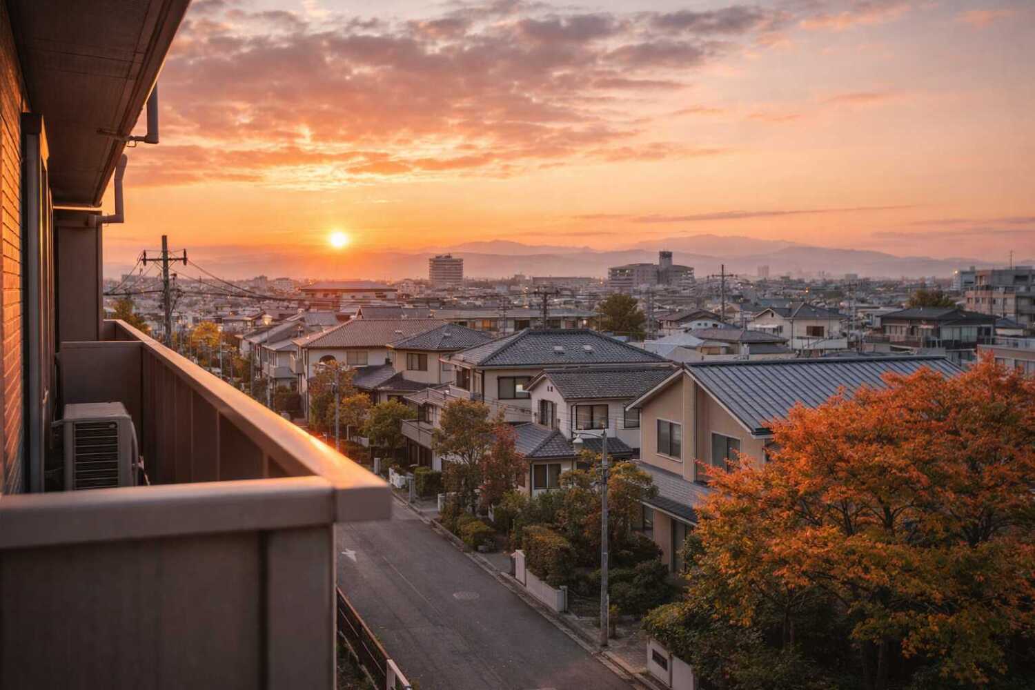 町の朝焼け。澄んだキリッとした空気。秋を感じさせる。