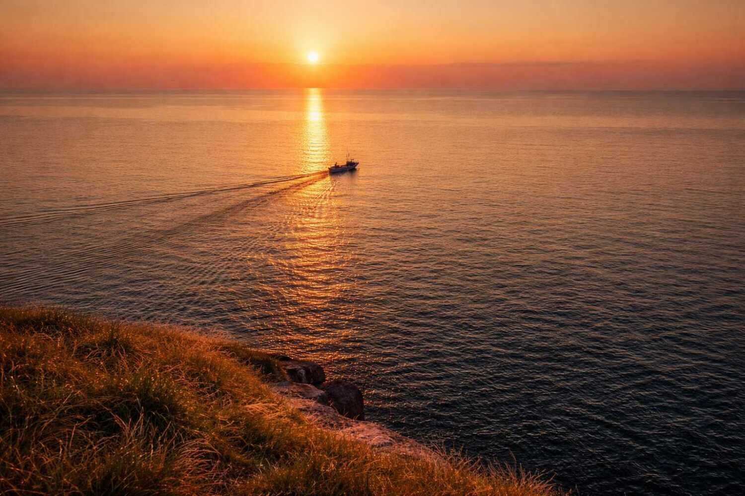 夕焼けの海と漁船