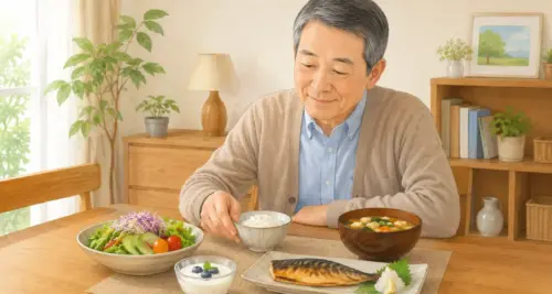 ダイエット食に満足気な男性